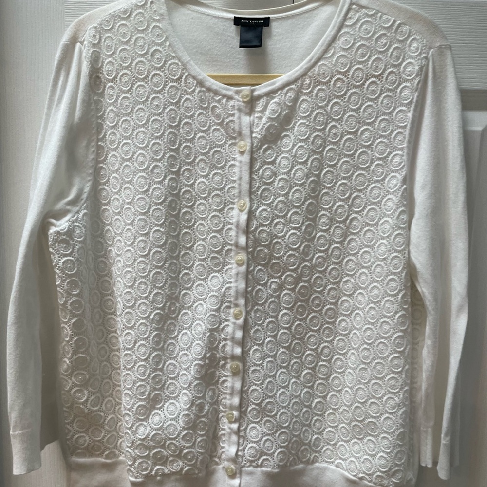 Ann Taylor White Lace Textured Cardigan